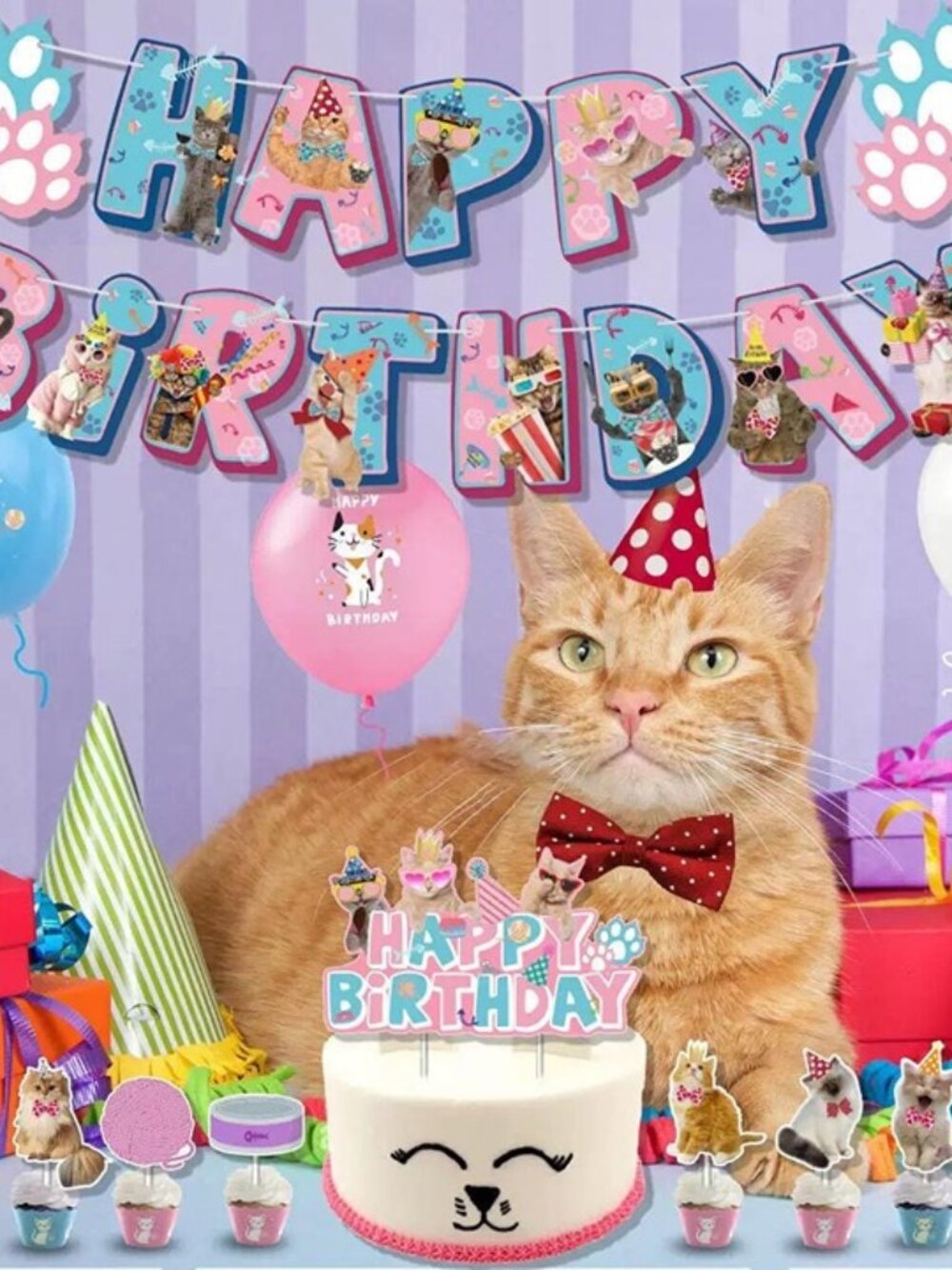 Cat Birthday Party Decorations Set – Pink and Blue Banner & Cupcake Toppers, Pet